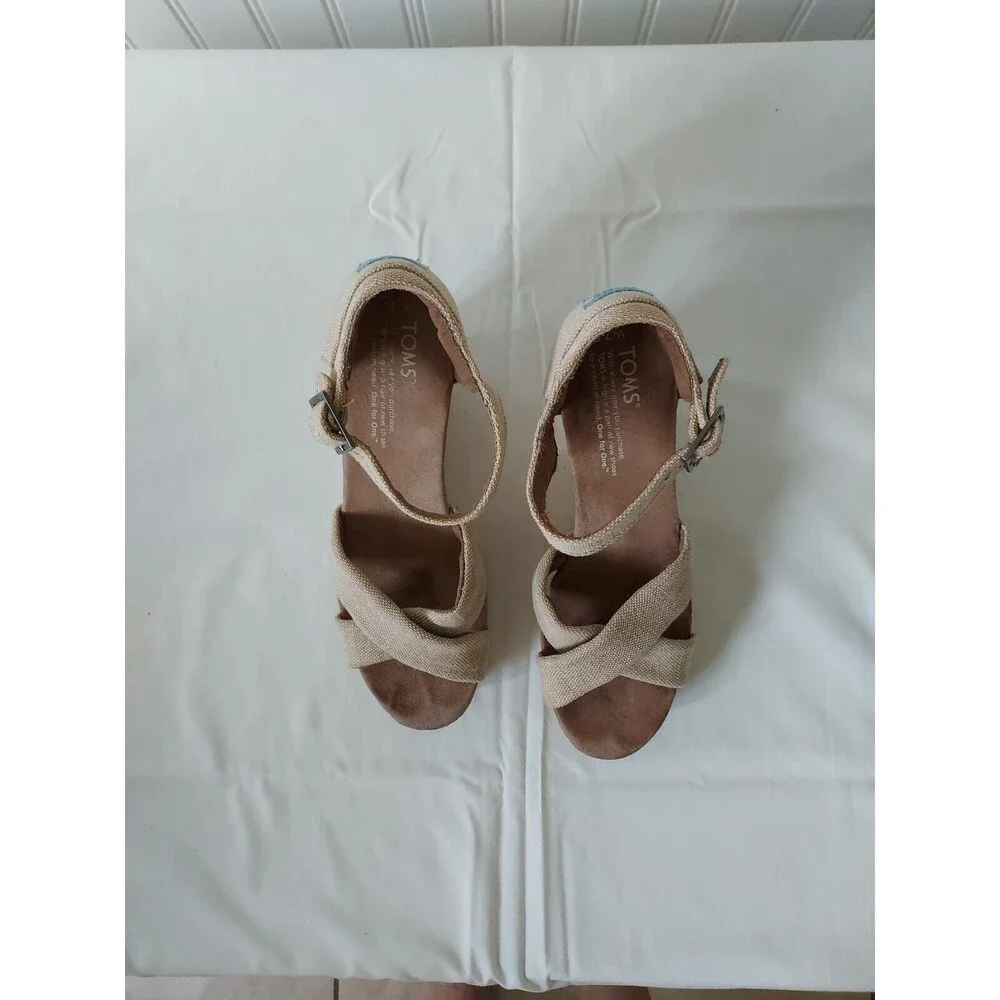 Toms Women's Size 7.5 Sierra Natural Canvas Cork Strappy‎ Wedges Sandals